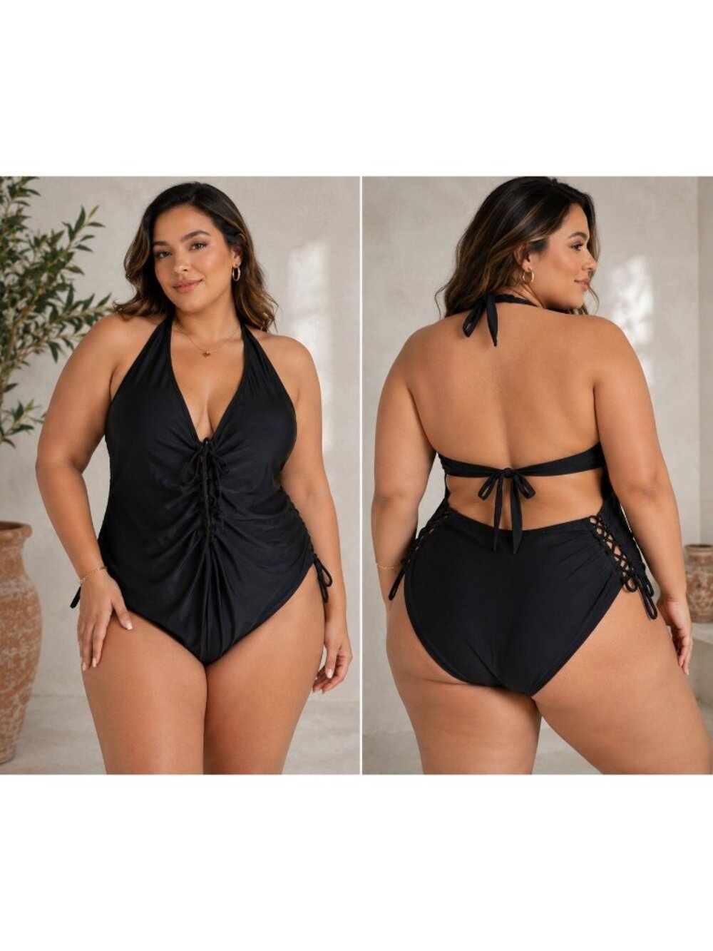 Ashley Graham Monokini Swimsuit Size 20 Black One Piece Halter Top